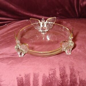 Vintage Jeanette Glass Three Eagle Bird Footed Bowl Candy Dish Gold Trim 7"